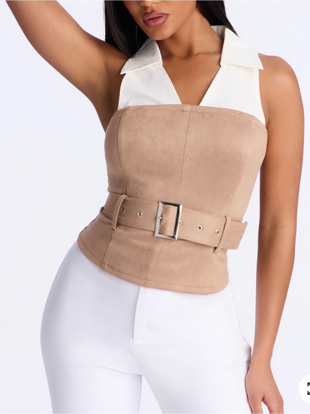 Fashion Nova Belted Strapless Suede-Look Bustier Top in Camel